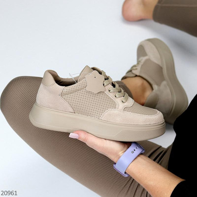 Комбіновані бежеві кросівки, кеди, перфорація, натуральна шкіра, замша