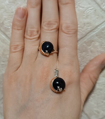 Срібний набір котик на золотому місяці